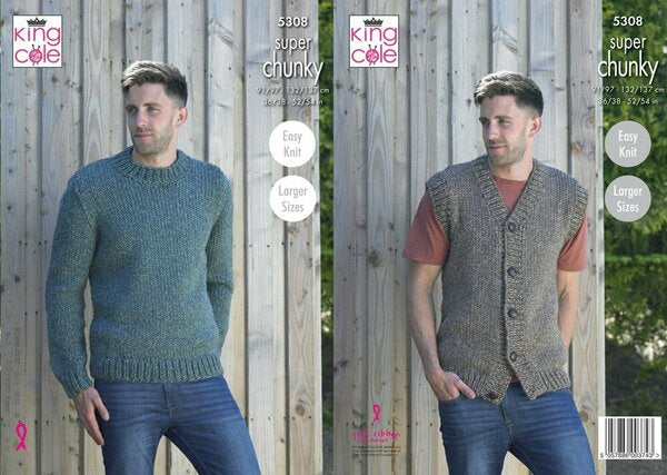 Knitting Pattern Mans Waistcoat & Round Neck Sweater King Cole Stormy Super Chunky - 5308