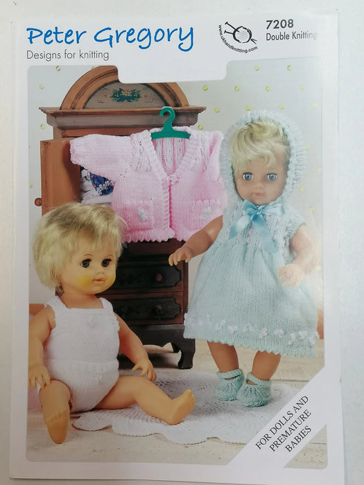 Knitting Pattern Doll & Premature Baby Outfits Dress, Bonnet, Shoes, Cardigan, Vest and Panties UKHKA Peter Gregory 7208