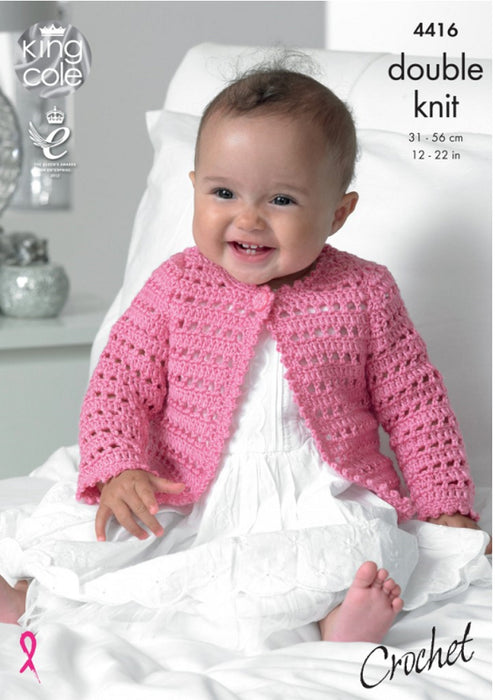 Crochet Pattern Baby Dress, Cardigan & Hat King Cole Cherish DK & Cherished DK - 4416