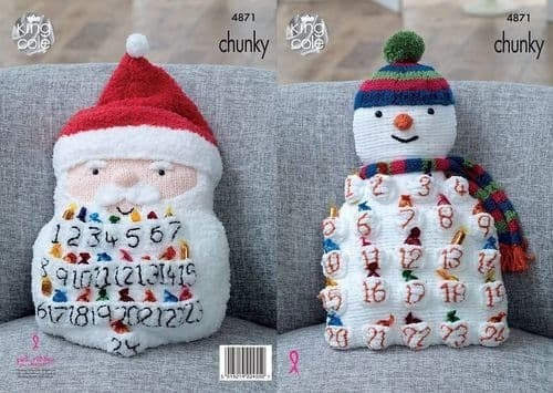 Knitting Pattern Christmas Snowman & Santa Advent Cushions King Cole Yummy & Cuddles Chunky & DollyMix - 4871