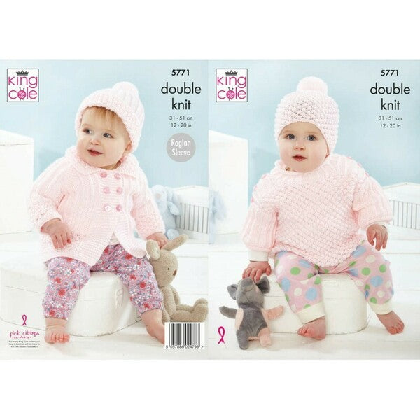 Knitting Pattern Baby Coat Top & Hats Knitted in King Cole Baby Safe DK 5771