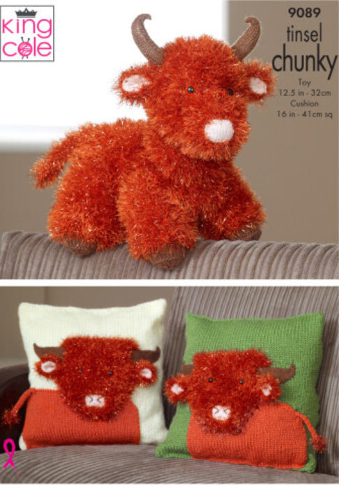 Knitting Pattern Highland Cow toy & Cushion Covers - King Cole Tinsel Chunky & Dk - 9089