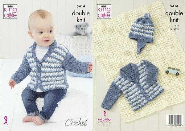 Crochet Pattern Baby Boys Jacket, Hat & Blanket King Cole big Value Baby DK - 5414