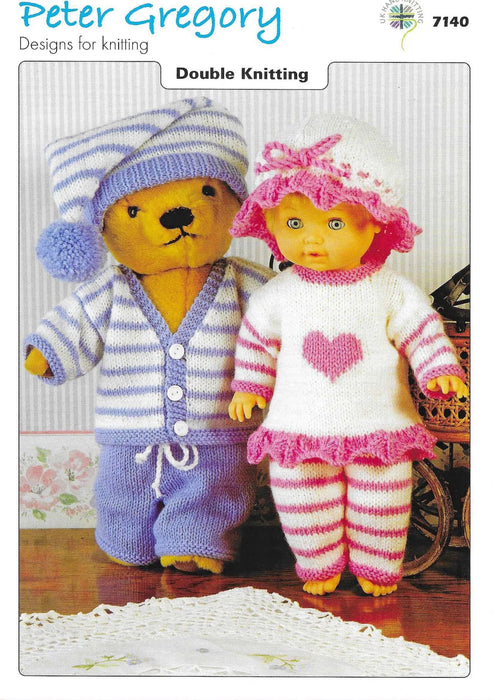 Knitting Pattern Dolls & Teddy Outfit Pyjama Party in Double Knitting UKHKA Peter Gregory 7140