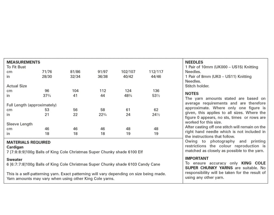 Knitting Patterns Ladies Cardigan & Sweater - King Cole Christmas Super Chunky - 5780