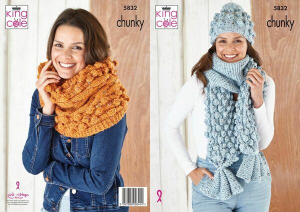 Knitting Pattern Apparel Accessories Hat Snood & Scarf King Cole Chunky Tweed - 5832
