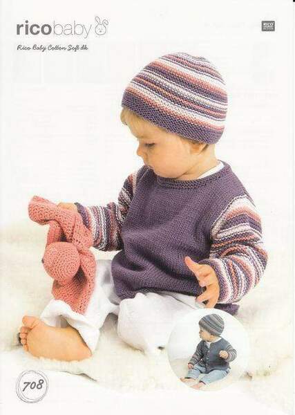 Knitting Pattern Baby Sweater Cardigan & Hat Rico Baby Cotton Soft DK - 708