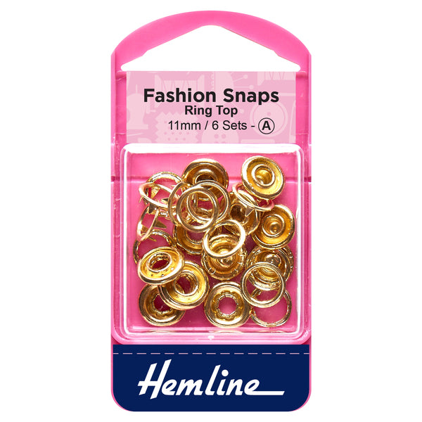 Hemline Fashion Snaps Ring Top 11mm Gold - H445.GD