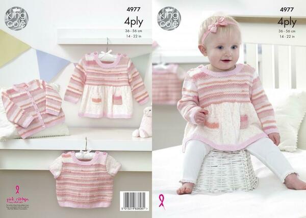 Knitting Pattern Babies Dress Sweater & Cardigan King Cole Big Value 4 Ply - 4977