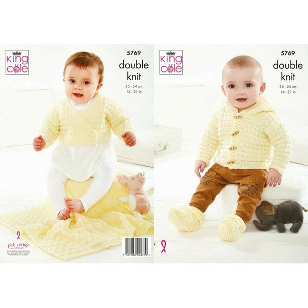 Knitting Pattern Baby Crossover Cardigan Hooded Jacket Bootees & Blanket King Cole Baby Safe DK - 5769