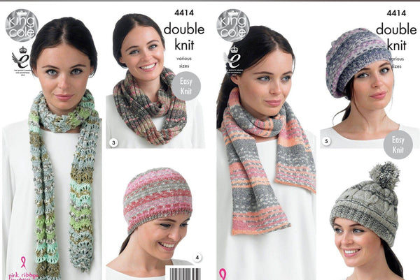 Knitting Pattern Hat, Beret & Scarf King Cole Drifter DK 4414