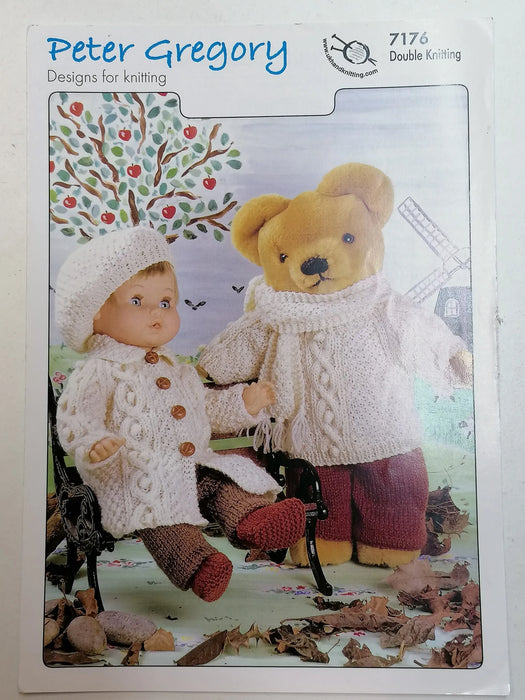 Knitting Pattern Doll & Teddy Outfit Coat, Sweater, Trousers, Beret, Scarf & Shoes in Double Knitting UKHKA Peter Gregory 7176