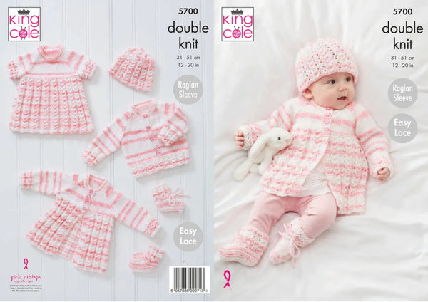 Knitting Pattern - Baby Matinee Coat Top, Cardigan, Hat & Bootees - King Cole Baby Stripe DK - 5700