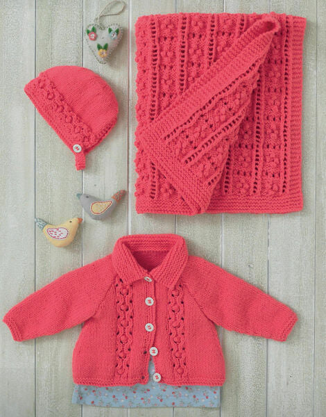 Knitting Pattern Baby Jacket Bonnet & Blanket Sirdar Supersoft Aran - 5165