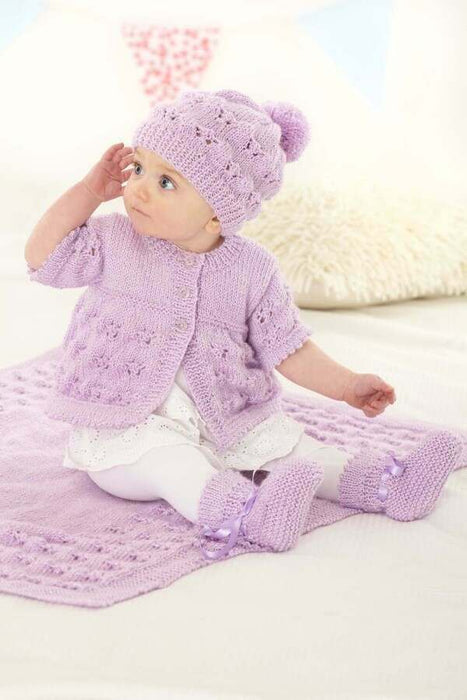 Knitting Pattern Matinee Coat, Cardigan, Hats, Bootees & Blanket in King Cole Glitz DK 6327
