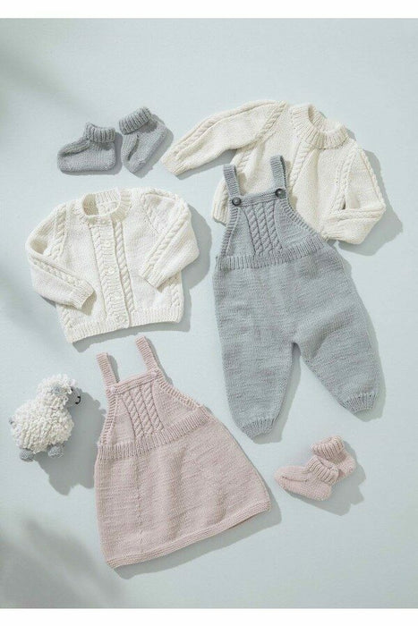 Knitting Pattern Baby Dungarees, Pinafore, Sweater, Cardigan and Bootees in King Cole Little Lamb DK 6549