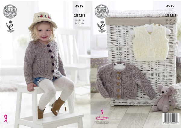 Knitting Pattern - Children's Cardigan & Slipover - King Cole Big Value Aran -  4919