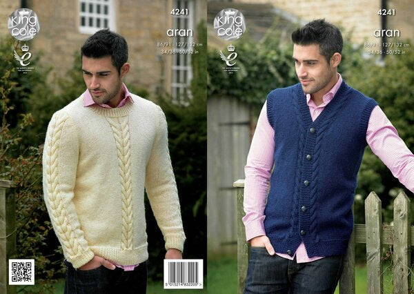 Knitting Pattern Mens Waistcoat & Sweater King Cole Fashion Aran - 4241