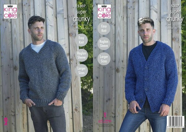 Knitting Pattern Mens V-Neck Cardigan & Sweater King Cole Big Value Stormy Super Chunky - 5307