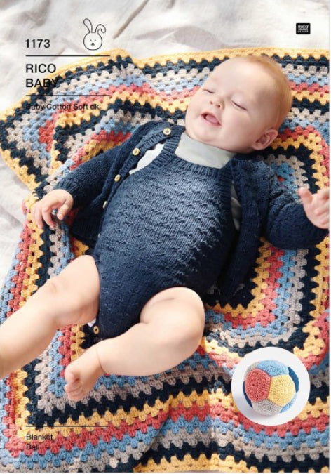 Crochet Pattern Baby Granny Square Blanket & Ball Rico Cotton Baby Soft DK - 1173