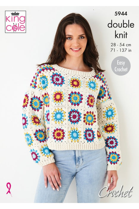 Crochet Pattern Ladies Granny Square Jumper and Top King Cole Cottonsoft DK - 5944
