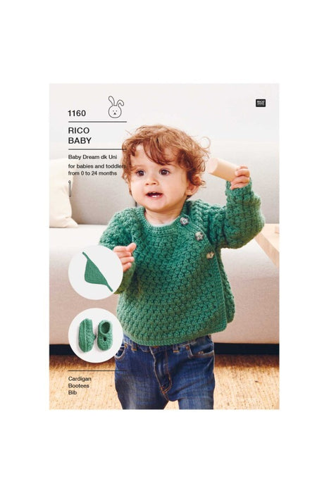 Crochet Pattern Baby Cardigan, Bootees & Bib in Rico Baby Dream DK Uni 1160