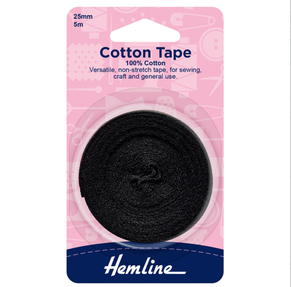 Hemline Cotton Tape Black 25mm x 5m - H541.25