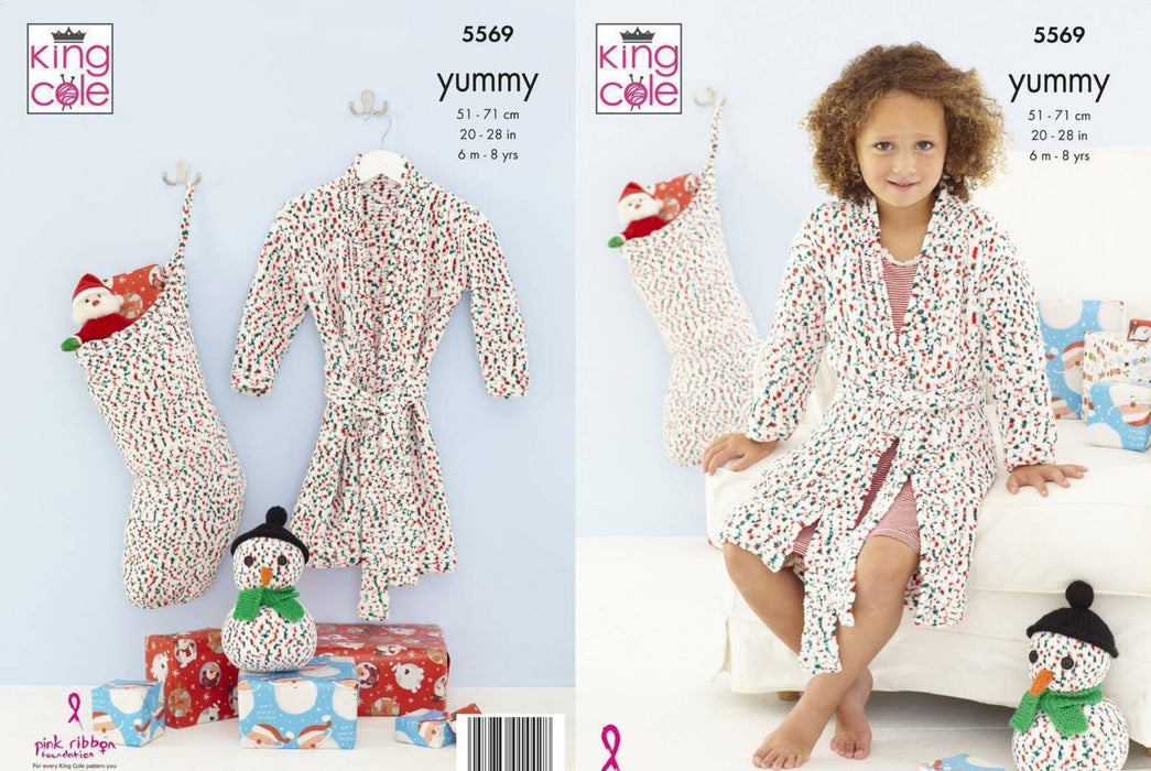 Knitting Pattern Dressing Gown Snowman & Stocking Knitted in King Cole Yummy 5569