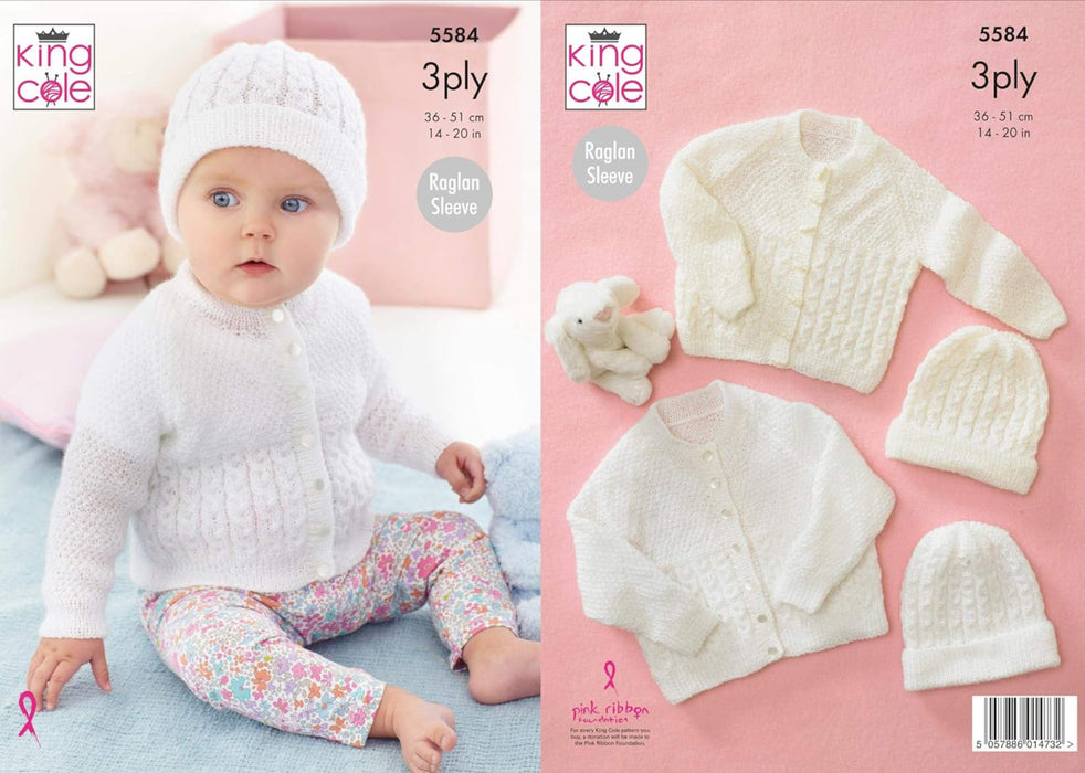 Knitting Pattern Baby Cardigans & Hat Knitted in King Cole Big Value Baby 3 Ply 5584