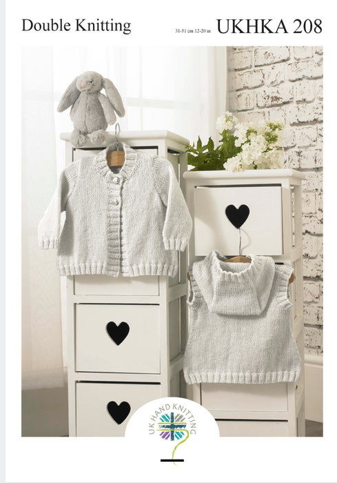 Knitting Pattern Baby Cardigan & Hooded Waistcoat in Double Knitting UKHKA 208