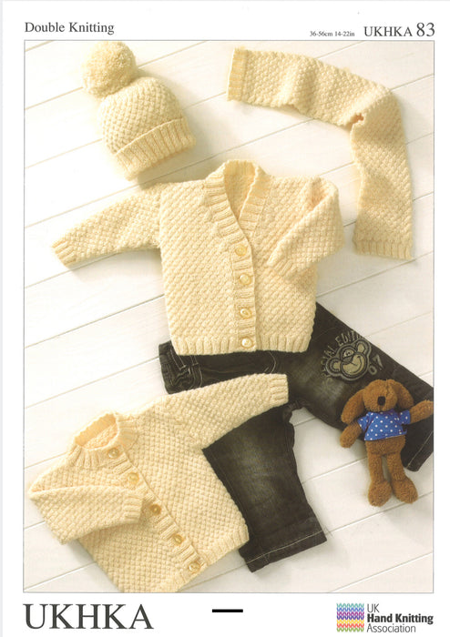 Knitting Pattern Baby Cardigans, Hat & Scarf Prem - 2yrs in Double Knitting UKHKA 83