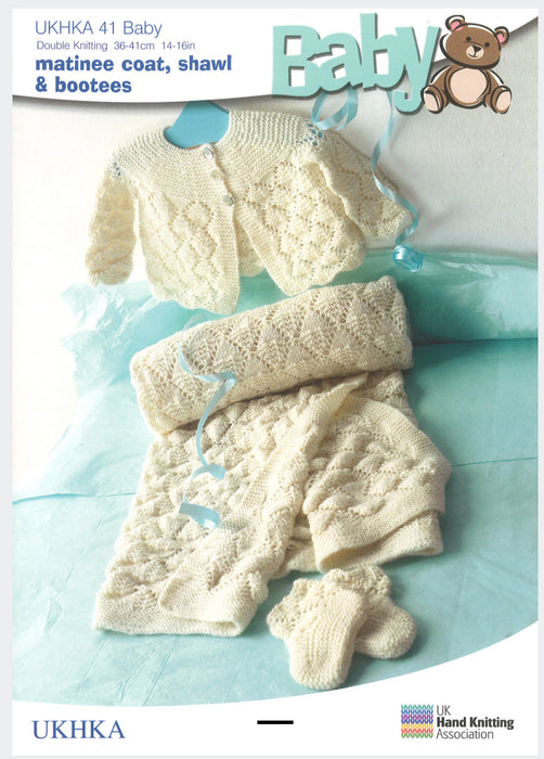 Knitting Pattern Baby Matinee Coat, Shawl & Bootees 14-16in Double Knitting UKHKA 41