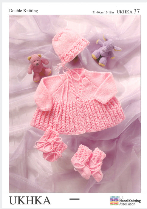 Knitting Pattern Babies Matinee Coat Bonnet, Bootees & Mittens Prem-18in Double Knitting UKHKA 37