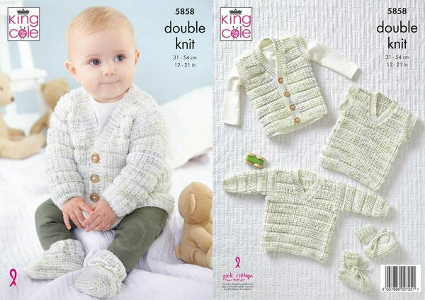 Knitting Pattern Baby Cardigan Waistcoat Sweater Tank Top & Bootees - King Cole Little Treasures DK - 5858