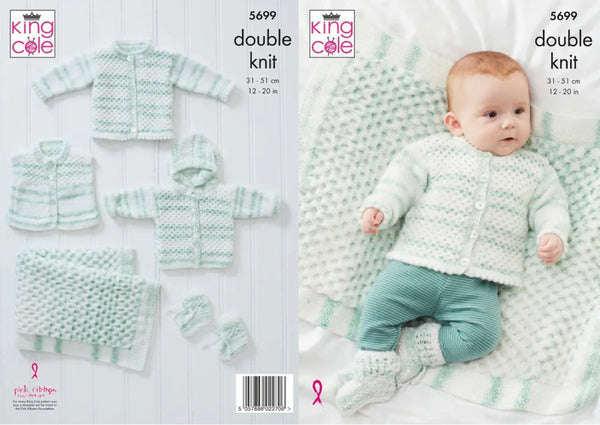 Knitting Pattern Baby Cardigan Waistcoat Hoody Blanket & Bootees - King Cole Baby Stripe Dk - 5699