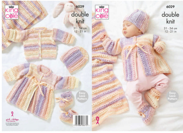 Knitting Pattern Baby Cardigan Matinee Coat, Hat, Booties & Blanket - King Cole Cutie Pie DK - 6029