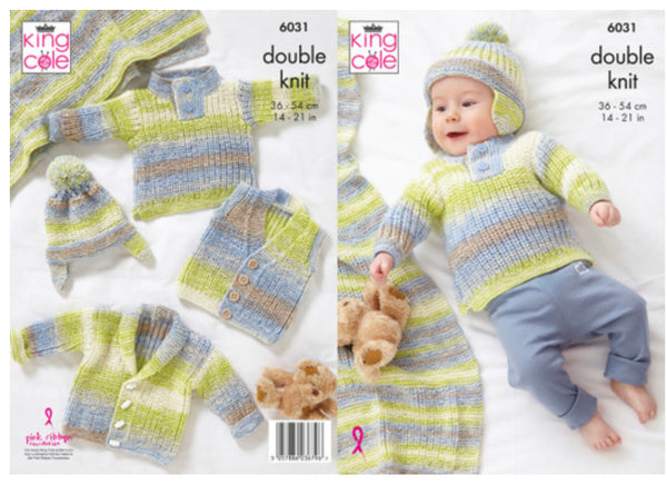 Knitting Pattern Baby Jacket Gilet Sweater Hat & Blanket - King Cole Cutie Pie DK - 5031