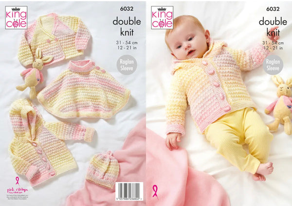 Knitting Pattern Baby Cardigan Cape Jacket & Hat - King Cole Cutie Pie DK - 6032