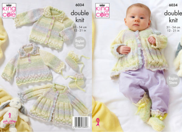 Knitting Pattern Baby Overtop Cardigan Matinee Jacket & Bootees - King Cole Cutie Pie DK - 6034