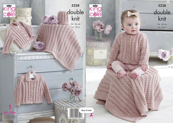 Knitting Pattern Baby Cardigans Blanket & Hat - King Cole Baby Glitz DK - 5238