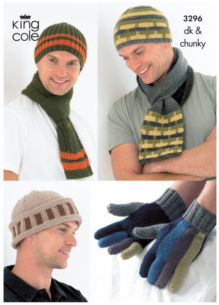 Knitting Pattern men’s Hats Scarves & Glove - King Cole Merino Blend DK - 3296