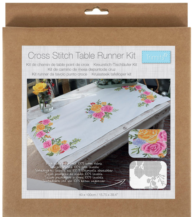 Trimits Cross Stitch Kit Printed Table Runner Floral Bouquet TTR003