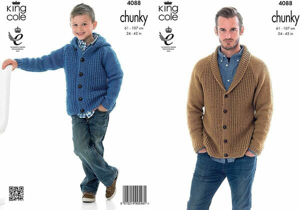 Knitting Pattern Mens & Childs Cardigan & Hoodie - King Cole Big Value Chunky - 4088