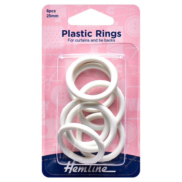 Hemline Plastic Curtain Rings 25mm White 8 Pieces - H471.25