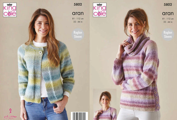 Knitting Pattern - Ladies Cardigan Sweater & Cowl - King Cole Acorn Aran - 5802