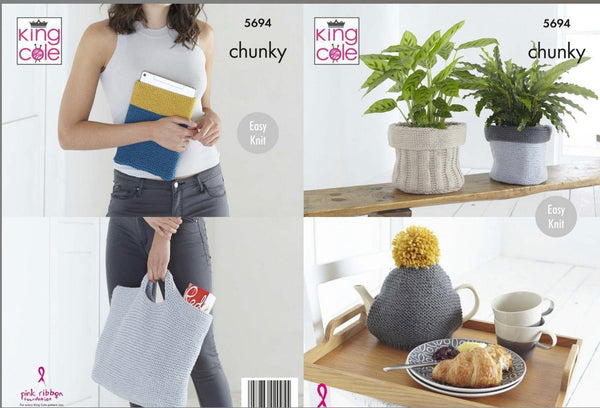 Knitting Pattern - Plant Pot Sacks, Tablet Cover, Tea Cosy & Bag - King Cole Ultrasoft Chunky - 5694