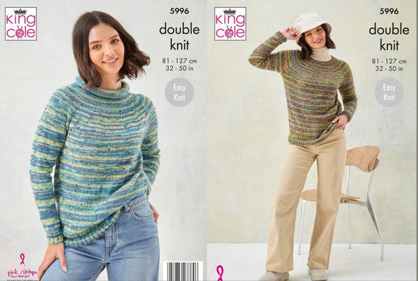 Knitting Pattern Ladies Sweaters - King Cole Homespun Prism DK - 5996