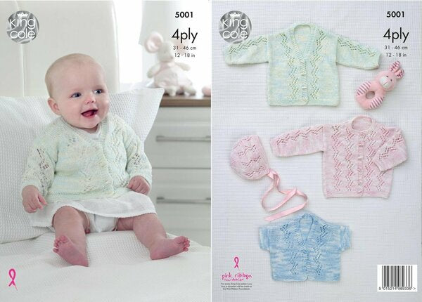 Knitting Pattern Baby Cardigans & Bonnet - King Cole Giza Sorbet 4 Ply - 5001