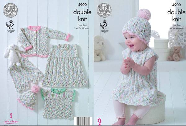 Knitting Pattern Baby Set - Dress, Top, Cardigan, Shorts & Hat - King Cole Cherish Dash DK & Cherished DK - 4900