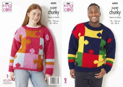 Knitting Pattern Teens to Adult Sweaters - King Cole Big Value Super Chunky - 6005